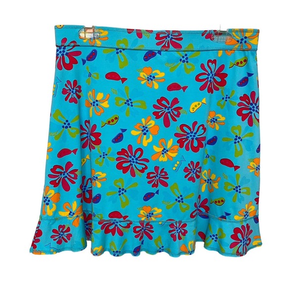 Fresh Produce Splash Blue Multi Floral Fish Print Skirt Pool Beach Women’s Sz L - Picture 2 of 7